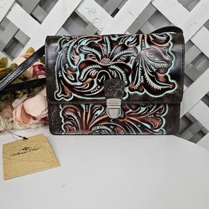 NWT Patricia Nash Tooled Turquoise Embossed Leather Southwestern Crossbody Bag